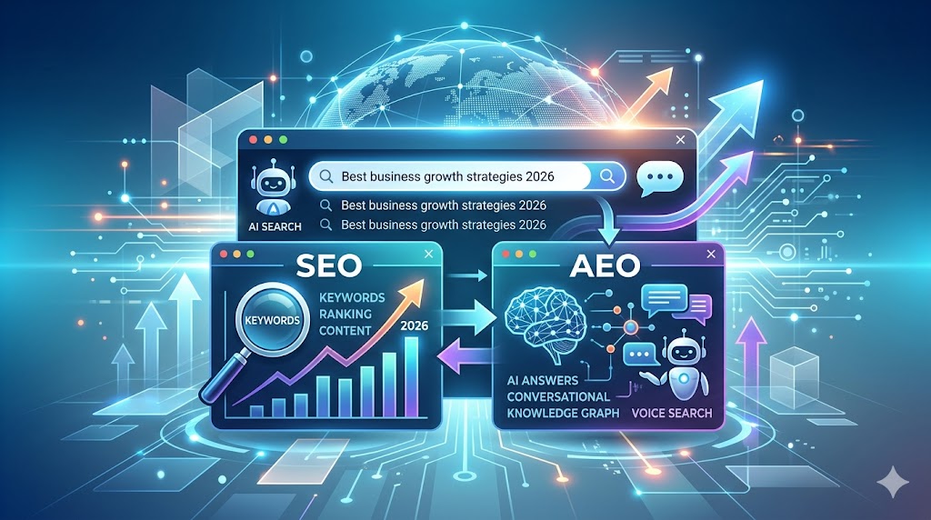 Illustration showing the integration of SEO and AEO strategies in 2026, featuring a digital search interface, AI assistant, keyword ranking dashboard, and conversational AI elements connected with data flows and growth arrows.