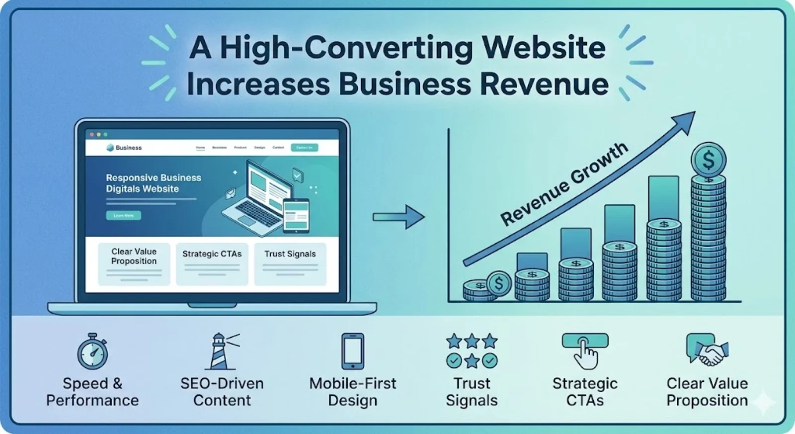 High-converting website driving business revenue growth with key optimization elements.