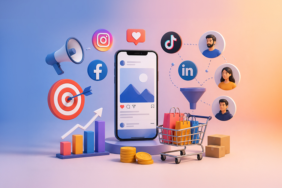 3D social media marketing illustration with smartphone, icons, analytics, and shopping cart.