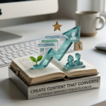 High-quality content marketing concept showing growth arrow, customer icons, and shopping elements on an open book, representing strategies that convert website visitors into customers.