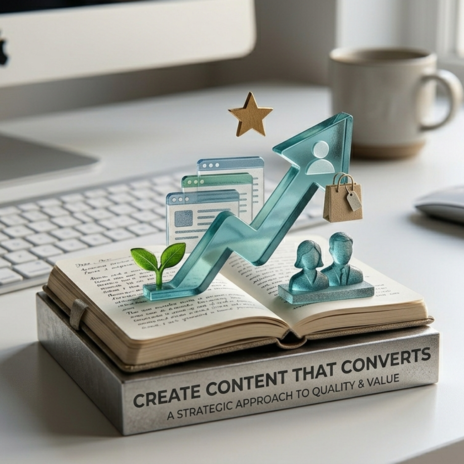 High-quality content marketing concept showing growth arrow, customer icons, and shopping elements on an open book, representing strategies that convert website visitors into customers.