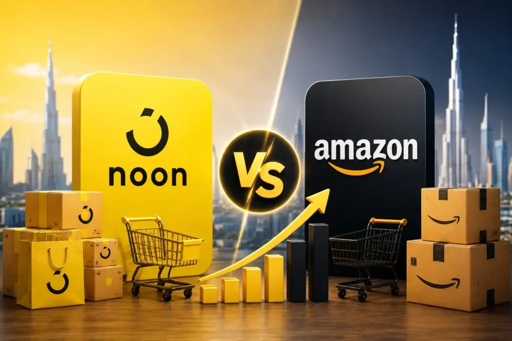 Noon vs Amazon shopping comparison with Dubai skyline backdrop.