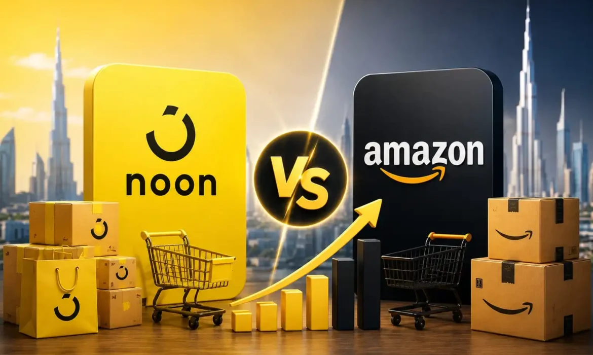 Noon vs Amazon shopping comparison with Dubai skyline backdrop.