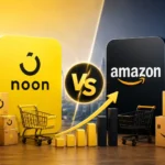 Noon vs Amazon shopping comparison with Dubai skyline backdrop.