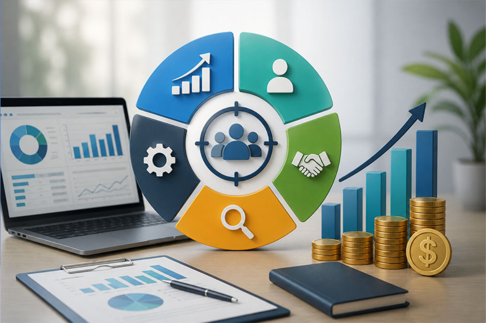 CRM ROI dashboard with business growth analytics and customer management icons