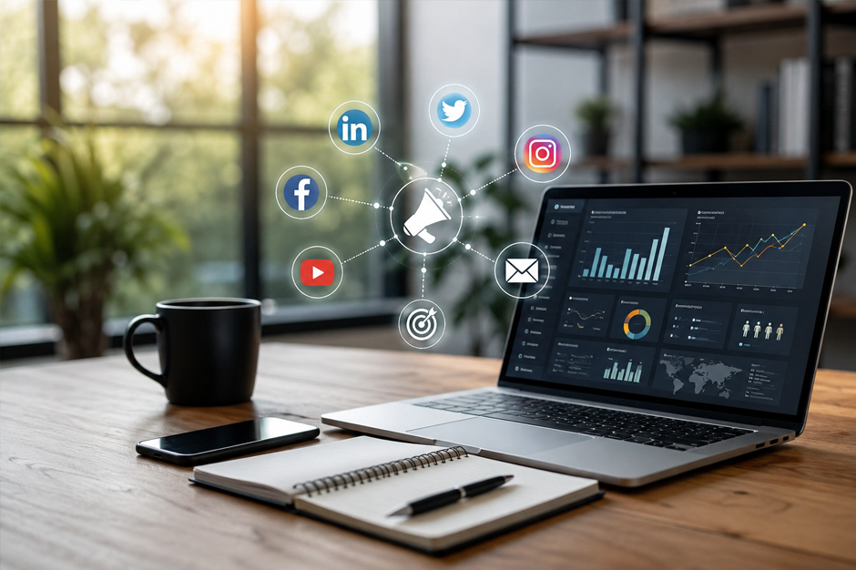 Digital marketing dashboard with social media analytics and strategy planning workspace.