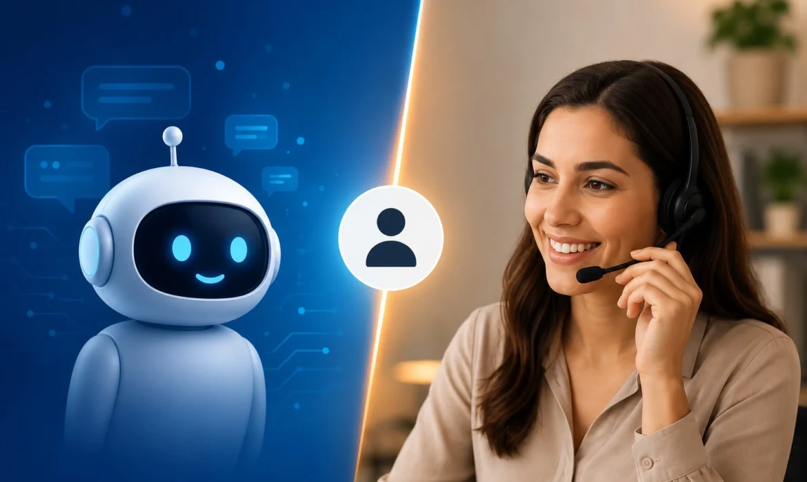 AI chatbot and human customer support agent side by side, representing automated and human-assisted customer service.