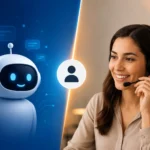 AI chatbot and human customer support agent side by side, representing automated and human-assisted customer service.