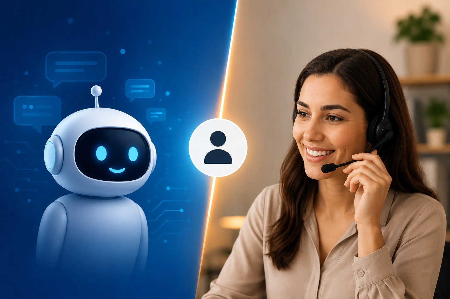 AI chatbot and human customer support agent side by side, representing automated and human-assisted customer service.