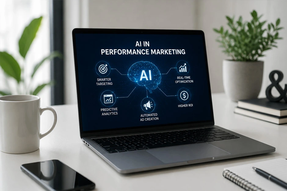 AI-powered performance marketing and paid advertising dashboard on a laptop screen.