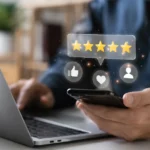 "Customer leaving a five-star online review for a local business"