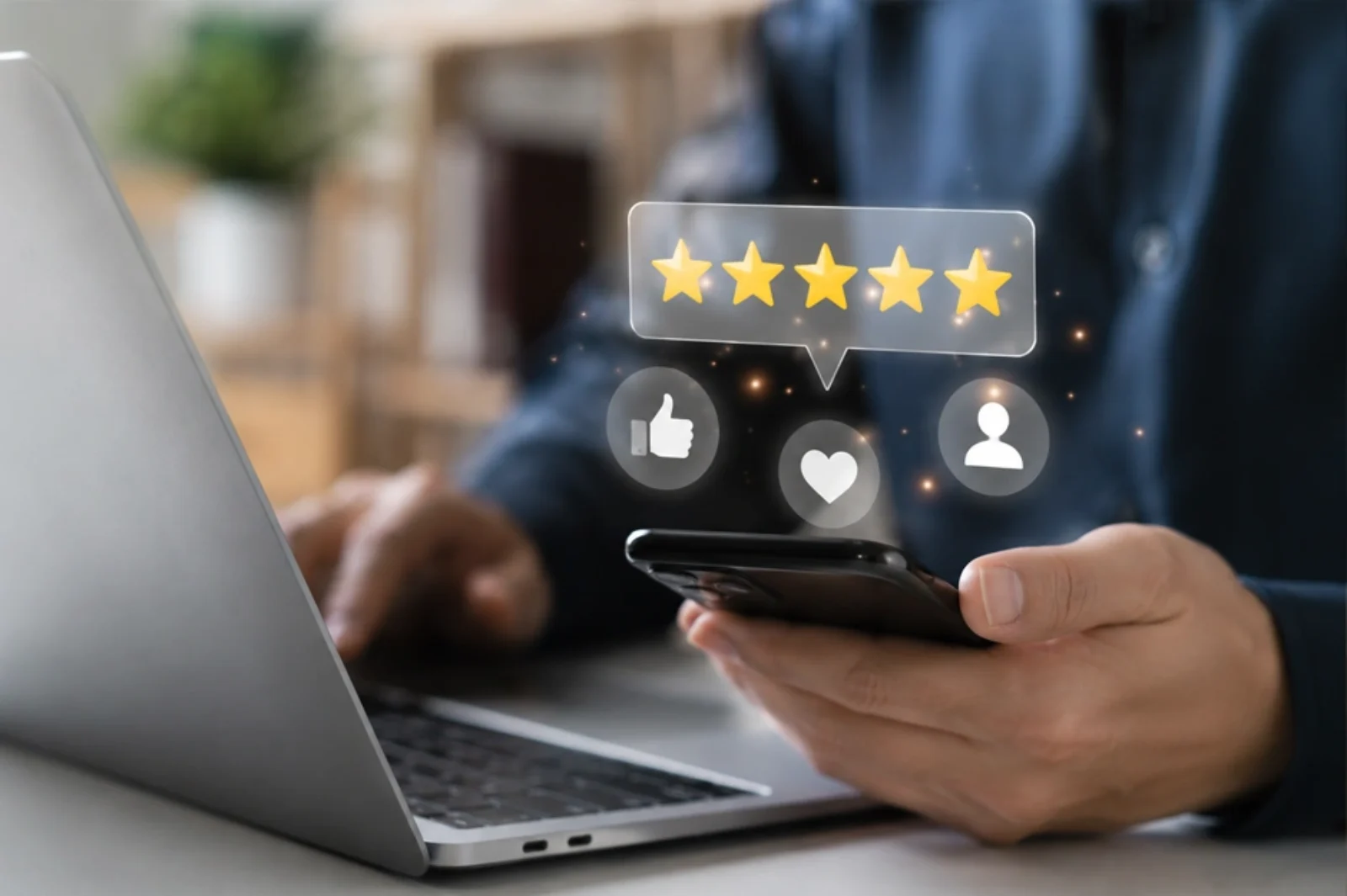 "Customer leaving a five-star online review for a local business"