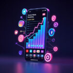 Smartphone displaying social media marketing analytics with growth chart and social media icons.