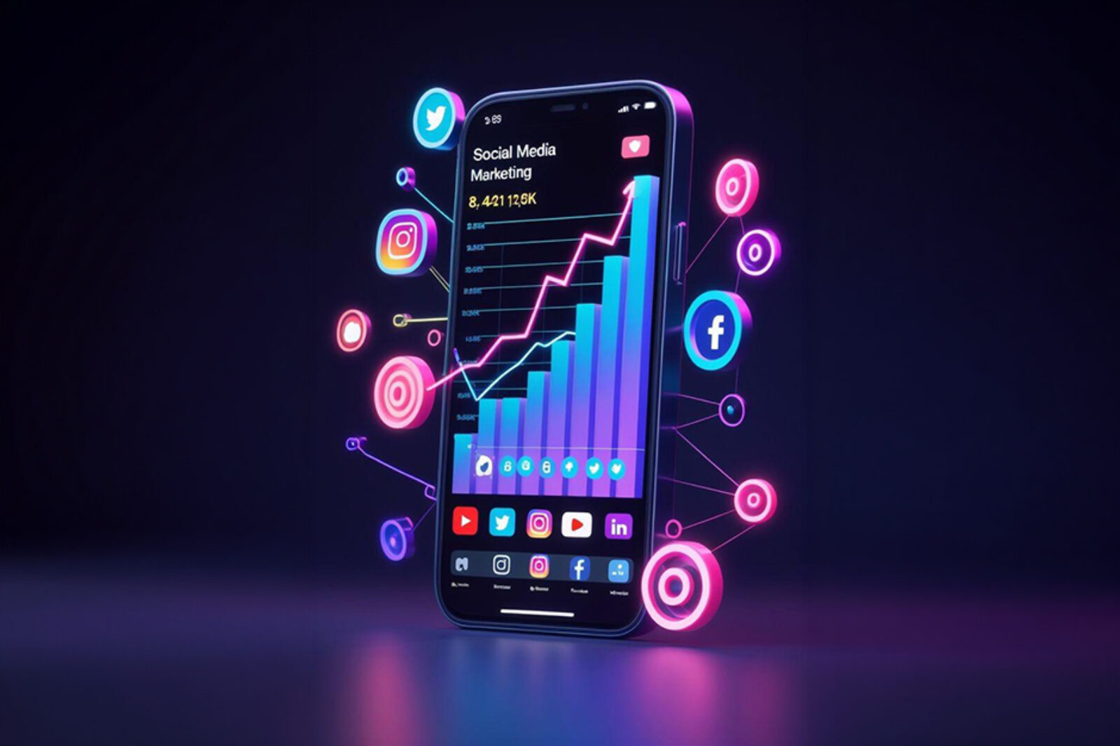Smartphone displaying social media marketing analytics with growth chart and social media icons.