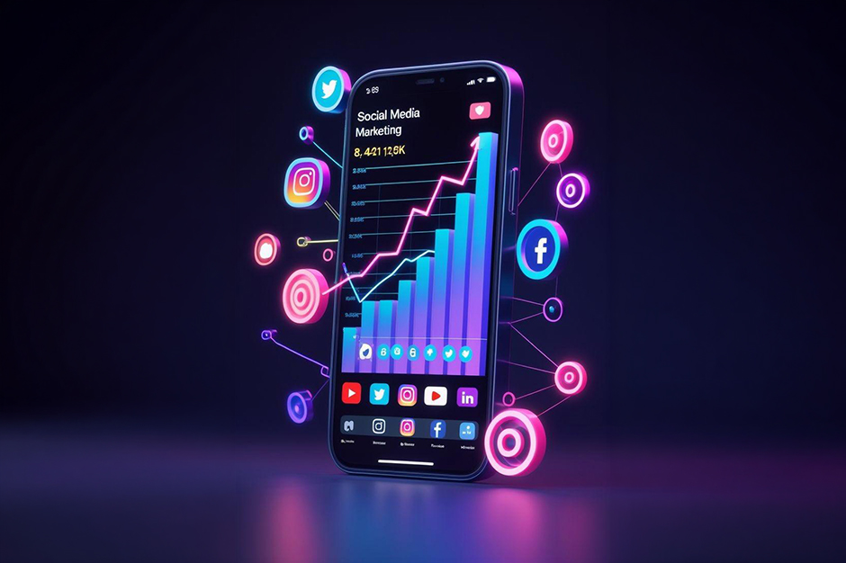 Smartphone displaying social media marketing analytics with growth chart and social media icons.