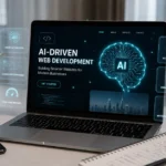 Alt Text: AI-powered web development dashboard displayed on a laptop with automation, security, and performance features.