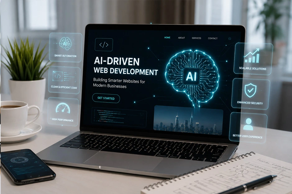 Alt Text: AI-powered web development dashboard displayed on a laptop with automation, security, and performance features.